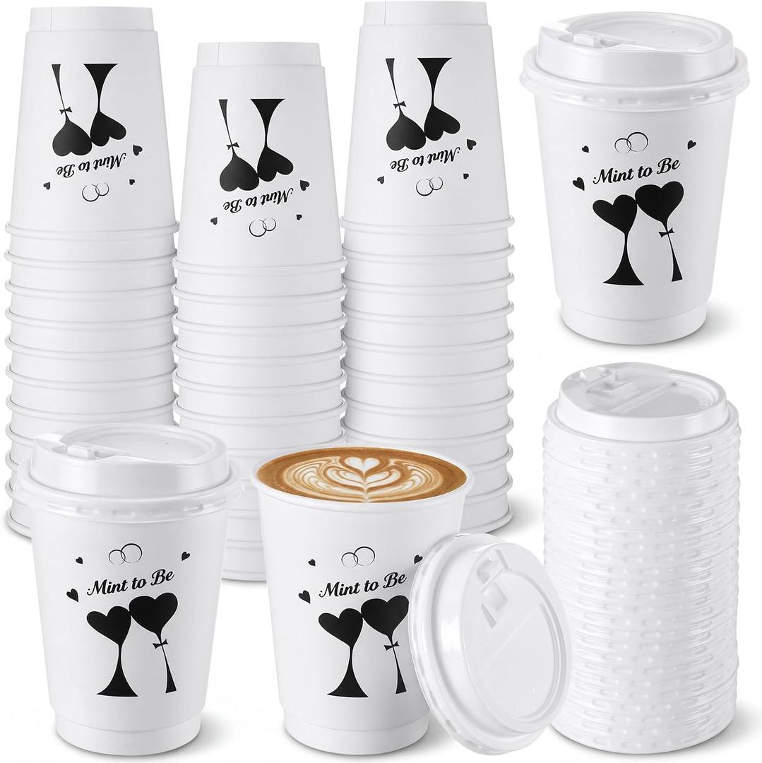 50 Pcs Wedding Coffee Cups 12 oz 'mint to Be' Disposable Wedding Paper Drinking Cups with Leak Proof Lids for Hot & Cold Liquids Outdoor Party Reception Engagement Bridal Shower