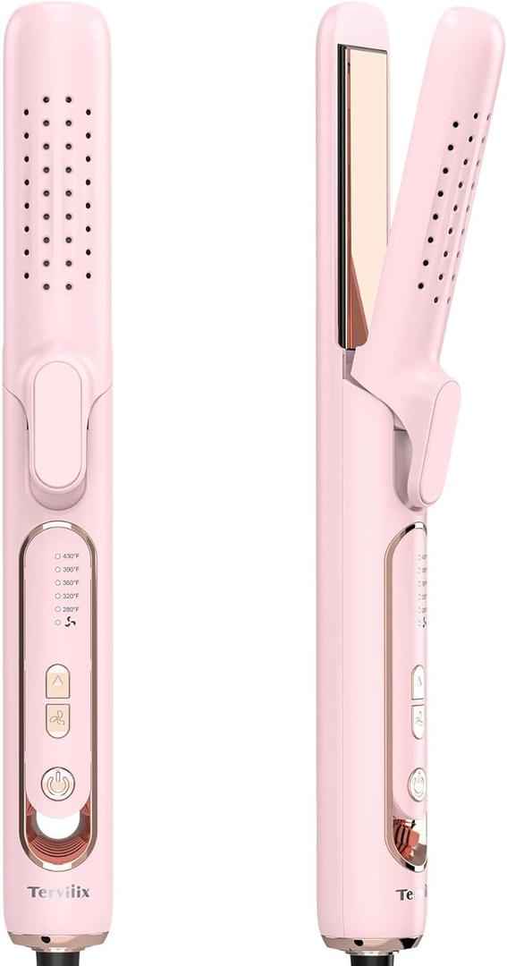 Terviiix Soft Air Styler Hair Straightener & Curler, Titanium Flat Iron for Travel, Straightening Iron with Cooling Air Vents to Lock in Style, 5 Adjustable Temp, Auto Shut Off, Dual Voltage, Pink