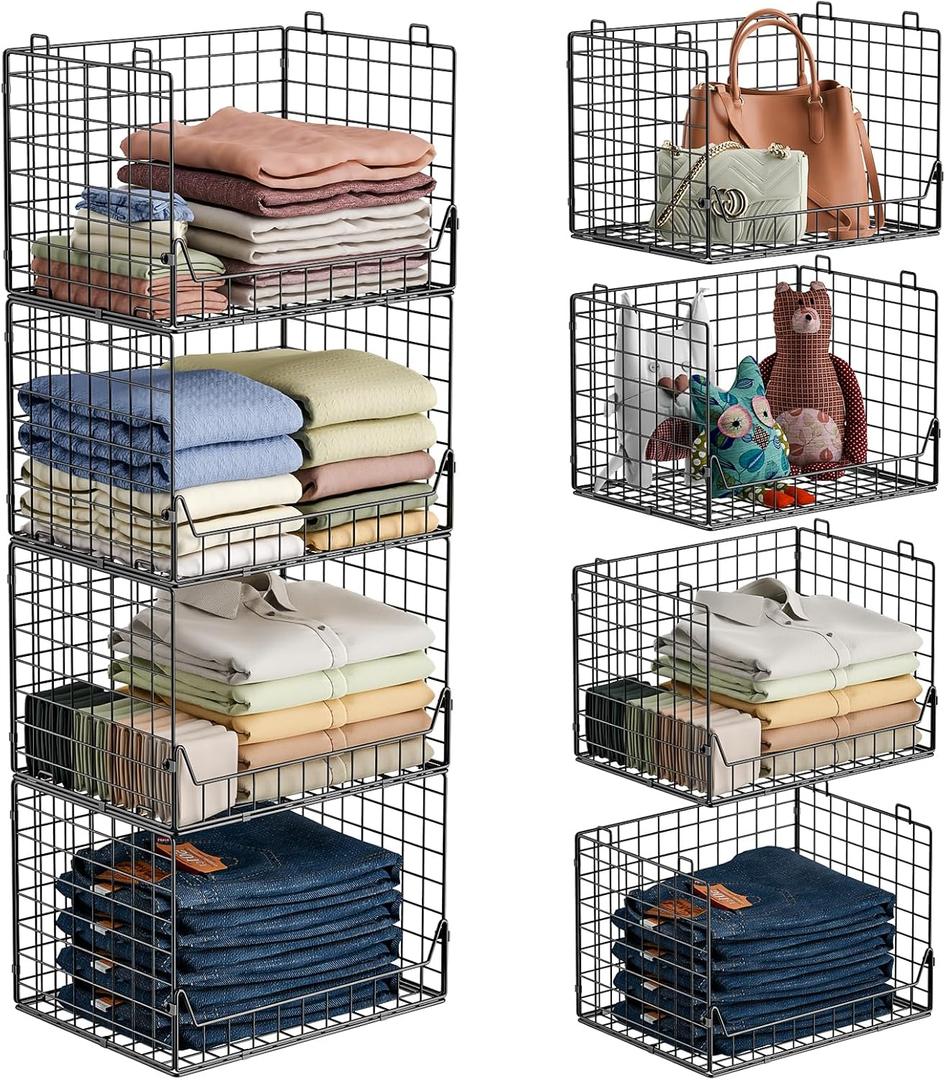 4-Tier Extra Height Stackable Closet Organizer  Foldable Storage Bins for Sweaters, Jeans, and Clothes  Sturdy Iron Mesh Shelves for Neat and Efficient Closet Storage  Black