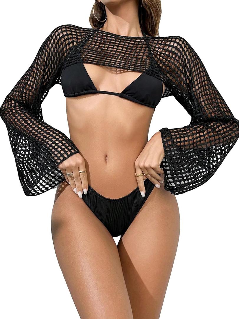 OYOANGLE Women's Hollow Out Crochet Long Sleeve Cropped Top Sheer Lightweight Knit Crop Tops Swimsuit Cover Ups (X-Large, Black)