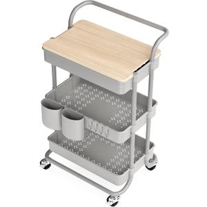 3 Tier Rolling Cart, with Table Top, Rolling Storage Cart with Handles and Locking Wheels, Utility Cart with 2 Small Baskets and 4 Hooks for Bathroom. Office, Balcony, Living Room (Grey)