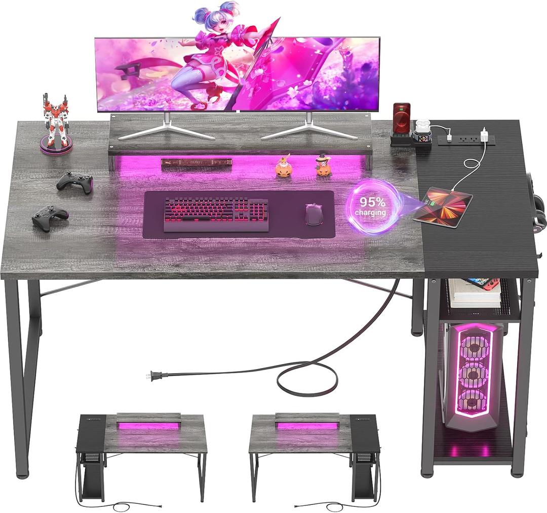 Armocity Computer Desk with LED Lights, 47" Gaming Desk with Power Outlet and USB, Reversible Laptop Table with Moveable Monitor Stand for Small Spaces, Office, Room, Grey and Black