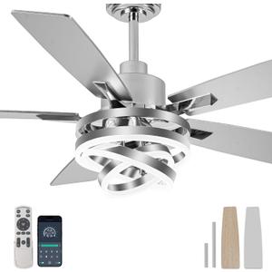 Bella Depot 52" Ceiling Fan with Light, Modern Sliver Chandelier Fan with Remote, Rustic Indoor Fandelier Fan with Silent DC Motor for Living Room Bedroom(Chrome)