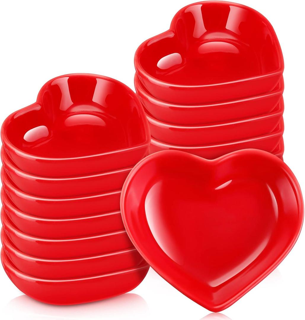 Zopeal 16 Pcs Valentine's Day Heart Shaped Candy Dishes Ceramic Bowls Red Love Sauce Side Plate Dish Multipurpose Serving Heart Shaped Plates Candy Sushi Dipping Seasoning Bowl for Birthday Party