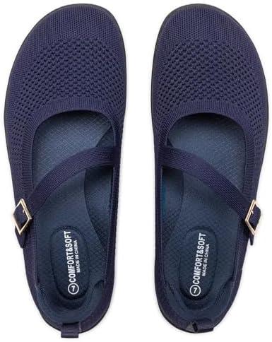 Frank Mully Women's Wide Width Flats Mary Jane Flat Comofortable Knit Ballet Flat Wide Toe Box Dress Shoes with Adjustable Straps (Size 6)