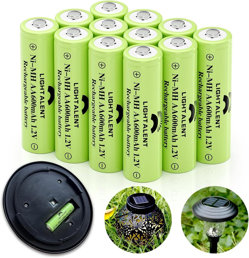 Ni-MH AA Rechargeable Batteries, Double A High Capacity 1.2V Pre-Charged Battery for Outdoor Solar Lights(AA-600mAh-12pack)