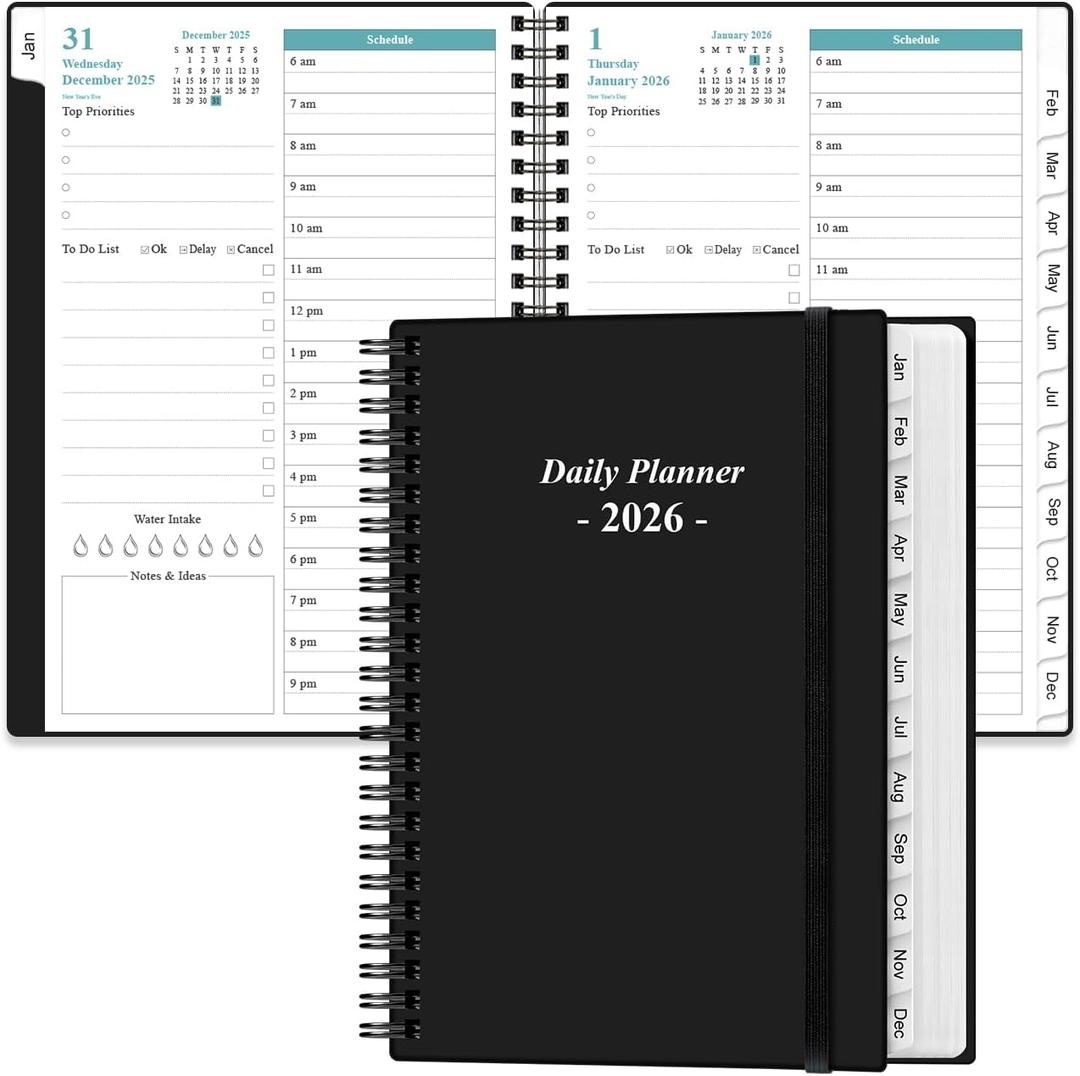 Daily Planner 2026 Full Page Per Day- 2026 Daily & Monthly Planner from January 2026 to December 2026, Day Planner 2026 with 12 Months Tabs, 6.4" x 8,5", Black