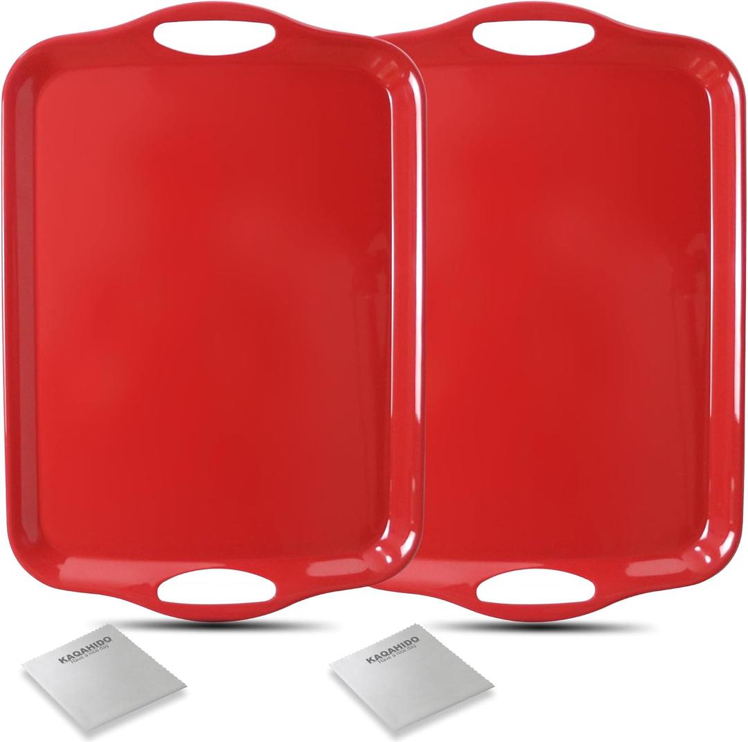 KAQAHIDO Large Melamine Serving Trays for Eating, 17.5 x 12 Serve Platter for Appetizer, Charcuterie, Food, Snack, Cupcakes, Dessert, BPA-Free, Dishwasher Safe Tray, Set of 2, Red
