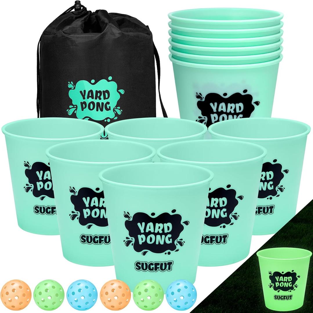 Yard Pong Outdoor Games Glow in Dark with 12 Buckets and 6 Balls, Backyard Toss Games Glow Yard Game for Adults, Family and Kids. Green