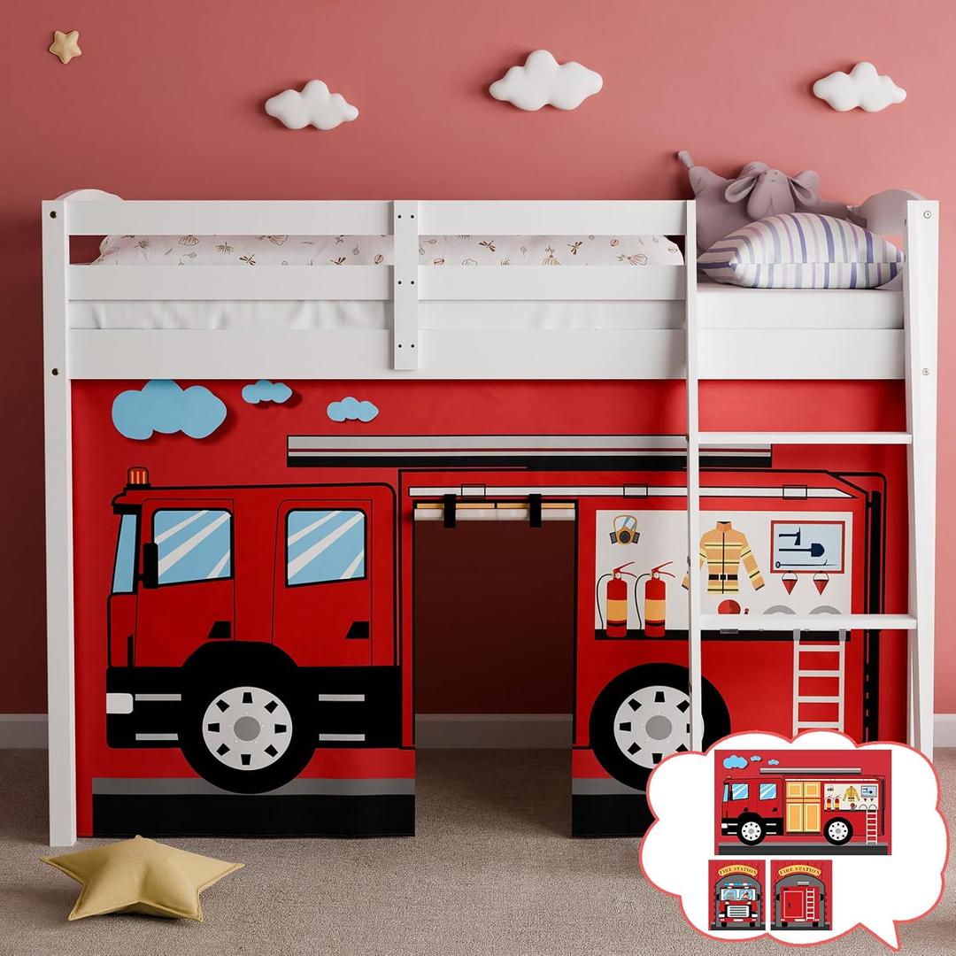Fire-Truck Bunk Bed - Curtains Premium and Customizable Cartoon Loft Bed Curtains for Children to Enhance The Imaginative Creation Bedroom Curtains(3PCS,Full)