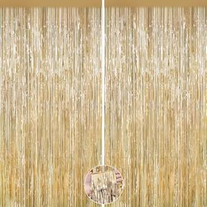 2Pack Champagne Gold Backdrop Birthday Decorations Foil Curtain Backdrop Gold Streamers Dance Party Decors Photo Booth Props for Bachelorette Decors Christmas Halloween New Years Eve Party Supplies