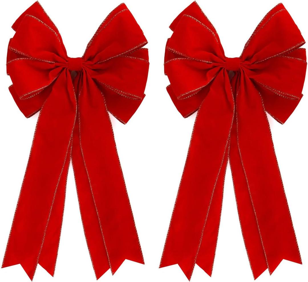 Meseey 2 Pcs 20 x 10 Inch Large Red Velvet with Glitter Gold Edge Bows Farmhouse Wreaths Bow for Gift Wrapping Tree Topper Front Door Home Decorations