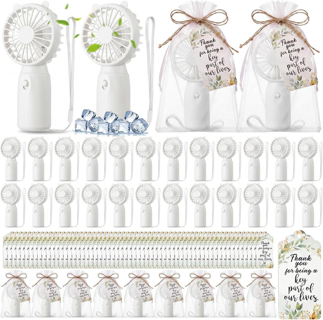 Rossesay 50 Set Wedding Mini Portable Fan for Guests Bridesmaid Gifts Portable Battery Operated Small Fans Bulk with Thank You Cards Organza Bags for Engagement Bridal Shower Favors Summer Party