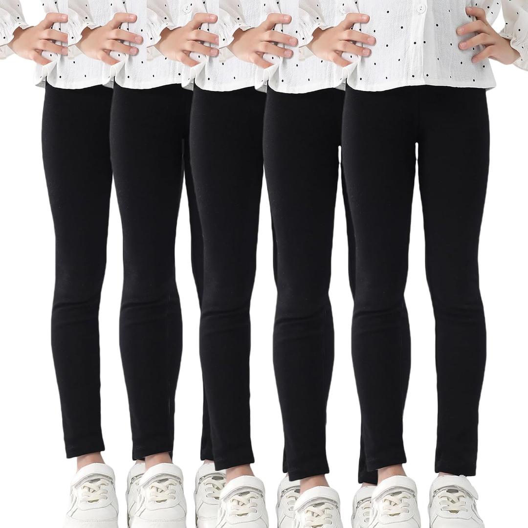 Stretchy Footless Girls' Leggings: Easy Pull-On Warm Tights 4-12 Year Olds Comfortable Heel-Free All-Day (Black/Black/Black/Black/Black/)