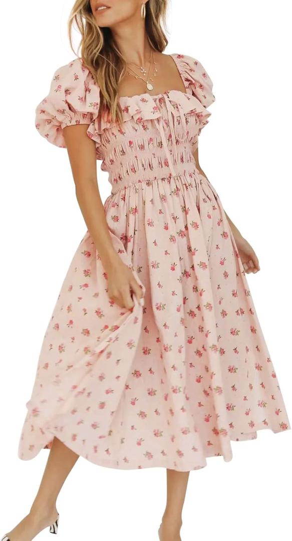 R.Vivimos Womens Summer Floral Print Puff Sleeves Vintage Ruffles Midi Dress (Pink)