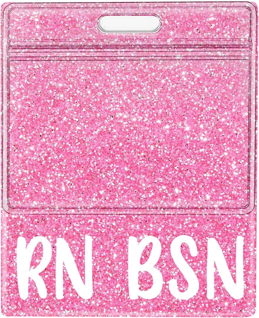 Plifal Oversized RN BSN Badge Buddy Card Holder - XL Bachelor of Science in Nursing Nurse Accessories Glitter Pink Horizontal ID Identification Tags for Hospital Student Medical Work