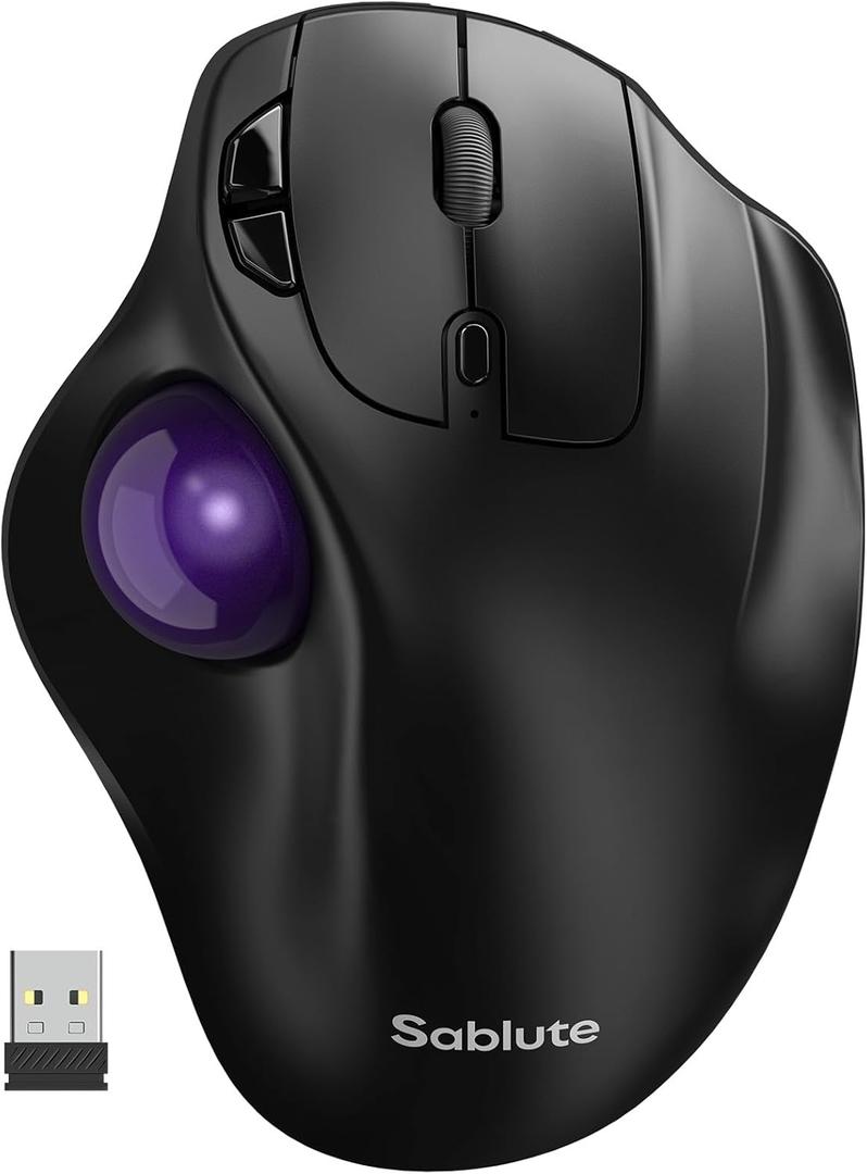SABLUTE MAM2 Wireless Trackball Mouse with 5-Level DPI, Ergonomic Mouse 2.4G Plug-and-Play for 3 Devices (Bluetooth or USB), 500mAh Battery, Compatible with PC/Laptop/Mac/Windows-Purple Ball