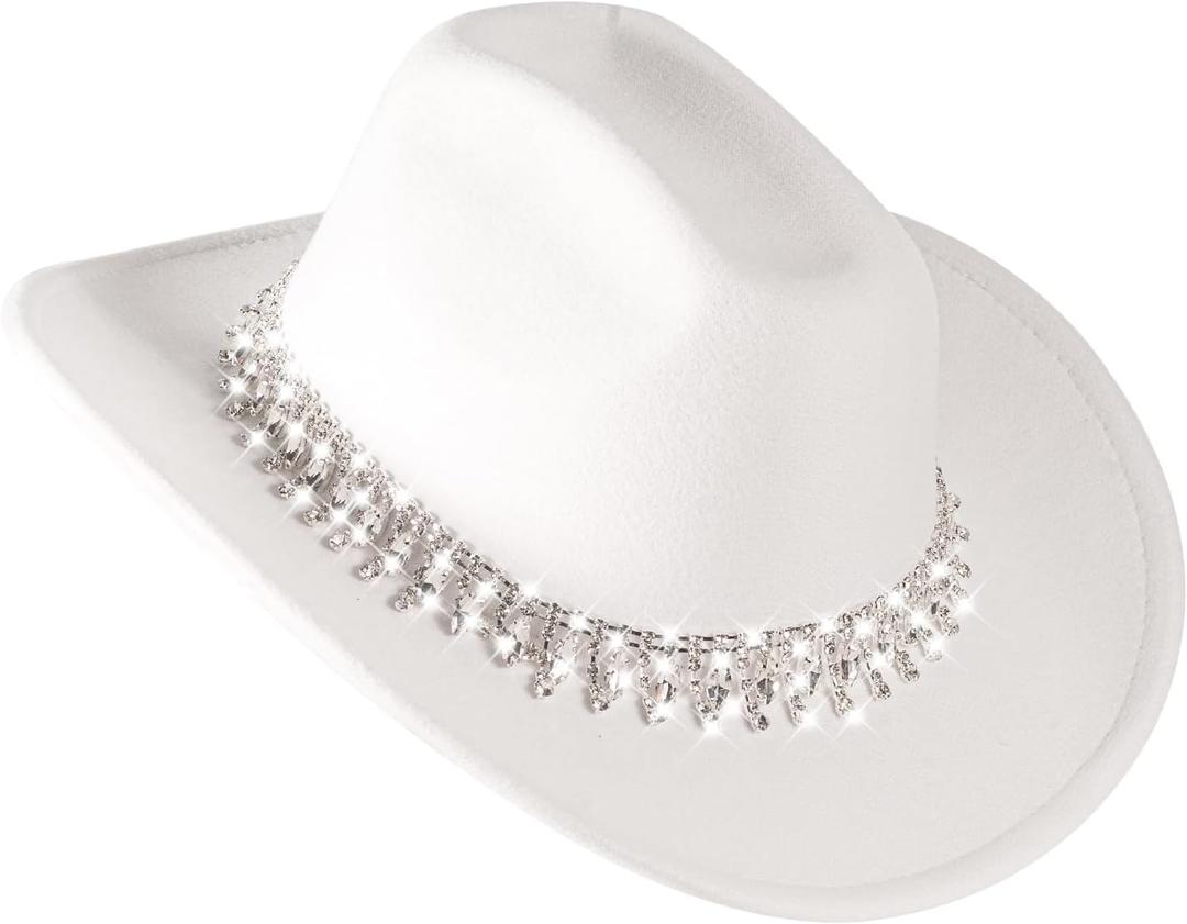 Womens Cowboy Hat Rhinestone Cowgirl Hats Wide Brim Diamond-Glitter-Western- Size:Medium-Large (White-2-rhinestone Drop)