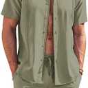 COOFANDY Men's 2 Piece Short Set Cuban Guayabera Shirts Short Sleeve Casual Beach Outfits Set, L