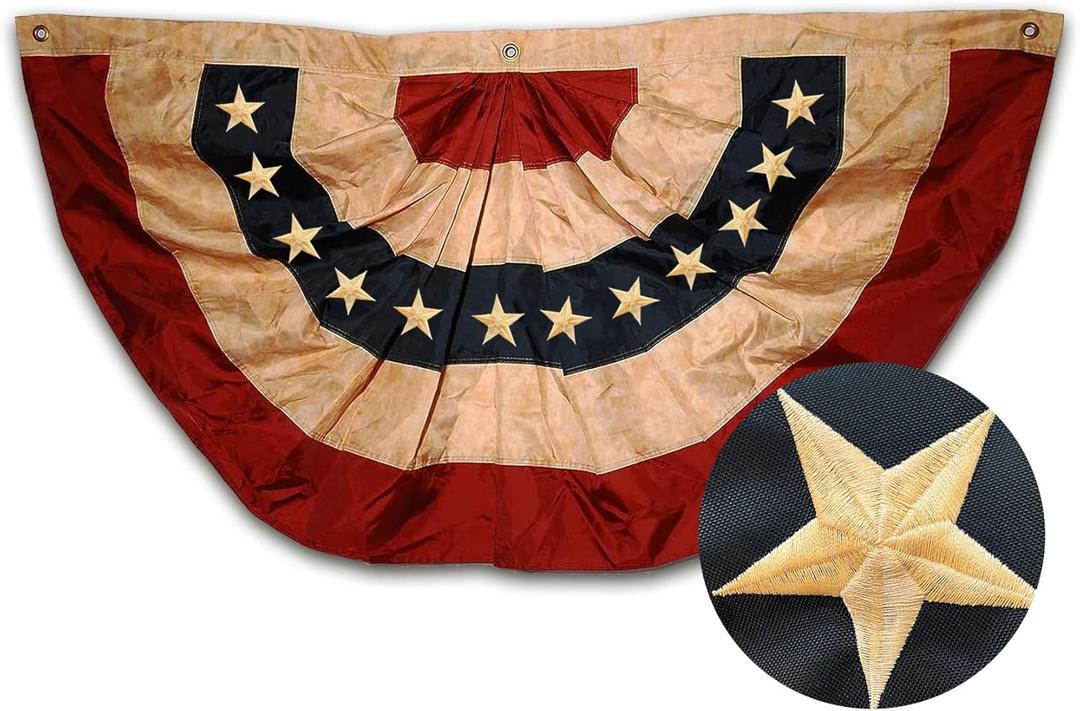 3x6 FT Tea Stained Antique US American Flag Bunting Half Fan Fully Pleated Embroidered Stars