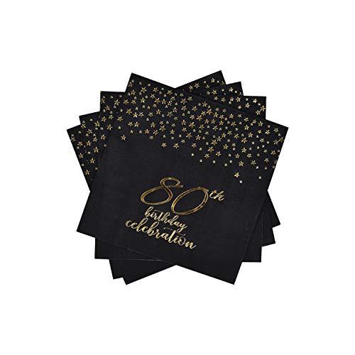 Gatherfun 80th Birthday Napkin Disposable Paper Napkins Black and Gold Party Decorations Tableware for Men Woman 80 Birthday Party（6.5X6.5in, 3-Ply, 40-Pack)
