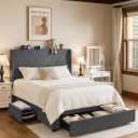 COMHOMA Bed Frame with Headboard and USB & Type-C Charging Ports,Storage Drawers,Modern Upholstered Platform Frames with Padded Headboard, No Box Spring Needed (Dark Gray, Queen (U.S. Standard))