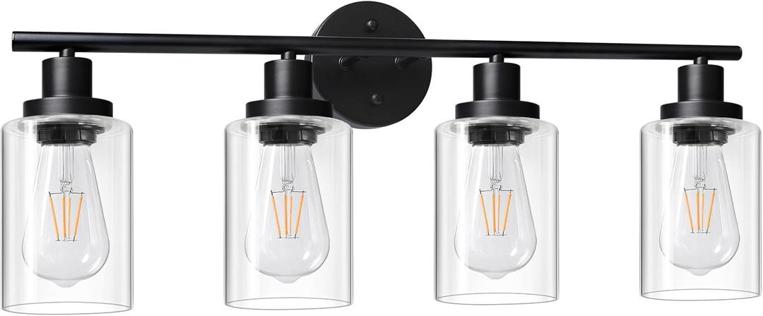 Unicozin 4 Light Vanity Lights, Black Wall Sconce Light with Clear Glass, Bathroom Light Fixtures Over Mirror, Wall Light for Living Room, Bedroom, Hallway, E26 Base (Bulbs Not Included)