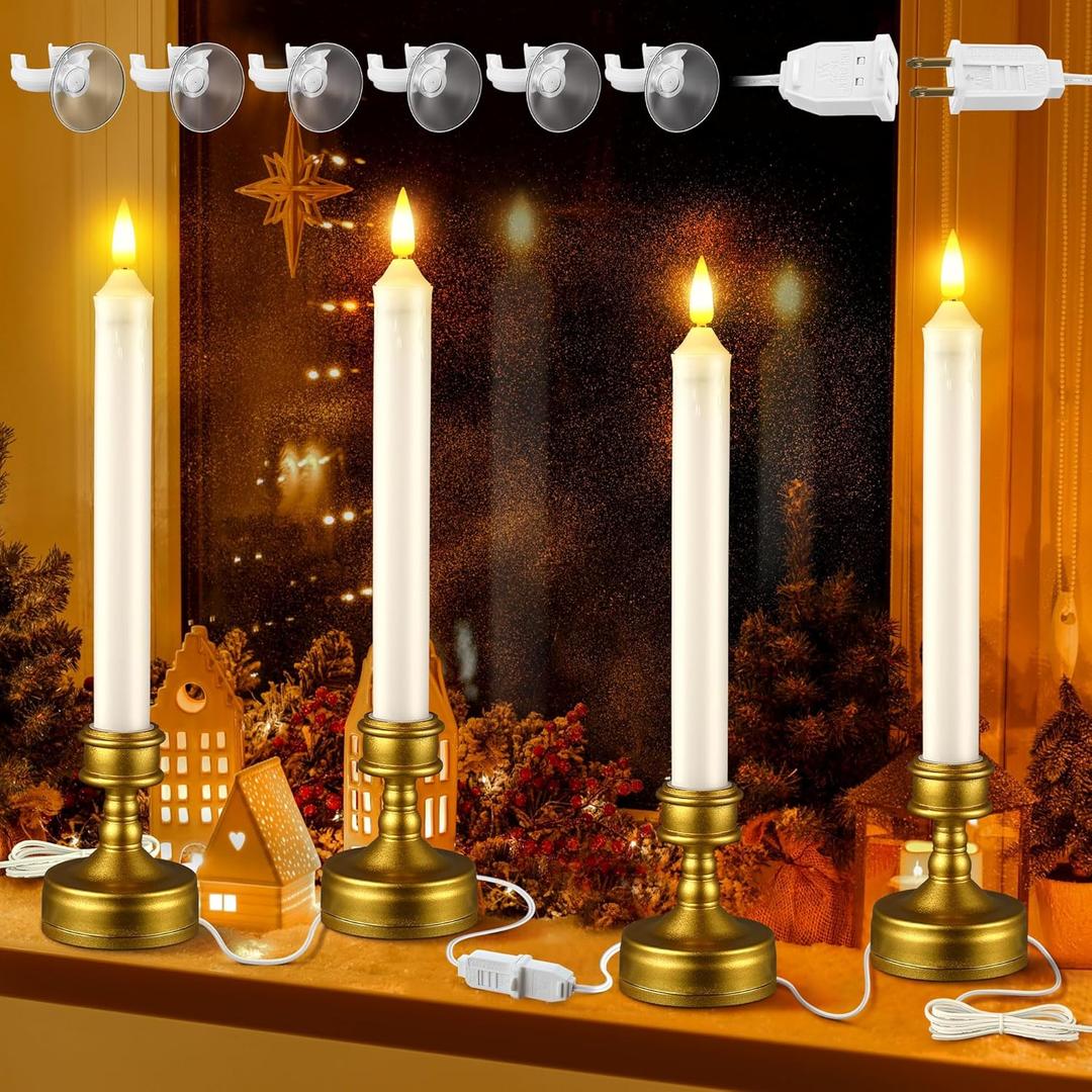 Enhon 4 Pack Christmas Electric Candles with Connectable Plug, Holiday Night Light Window Lights for Window Table Indoor Holiday Decoration