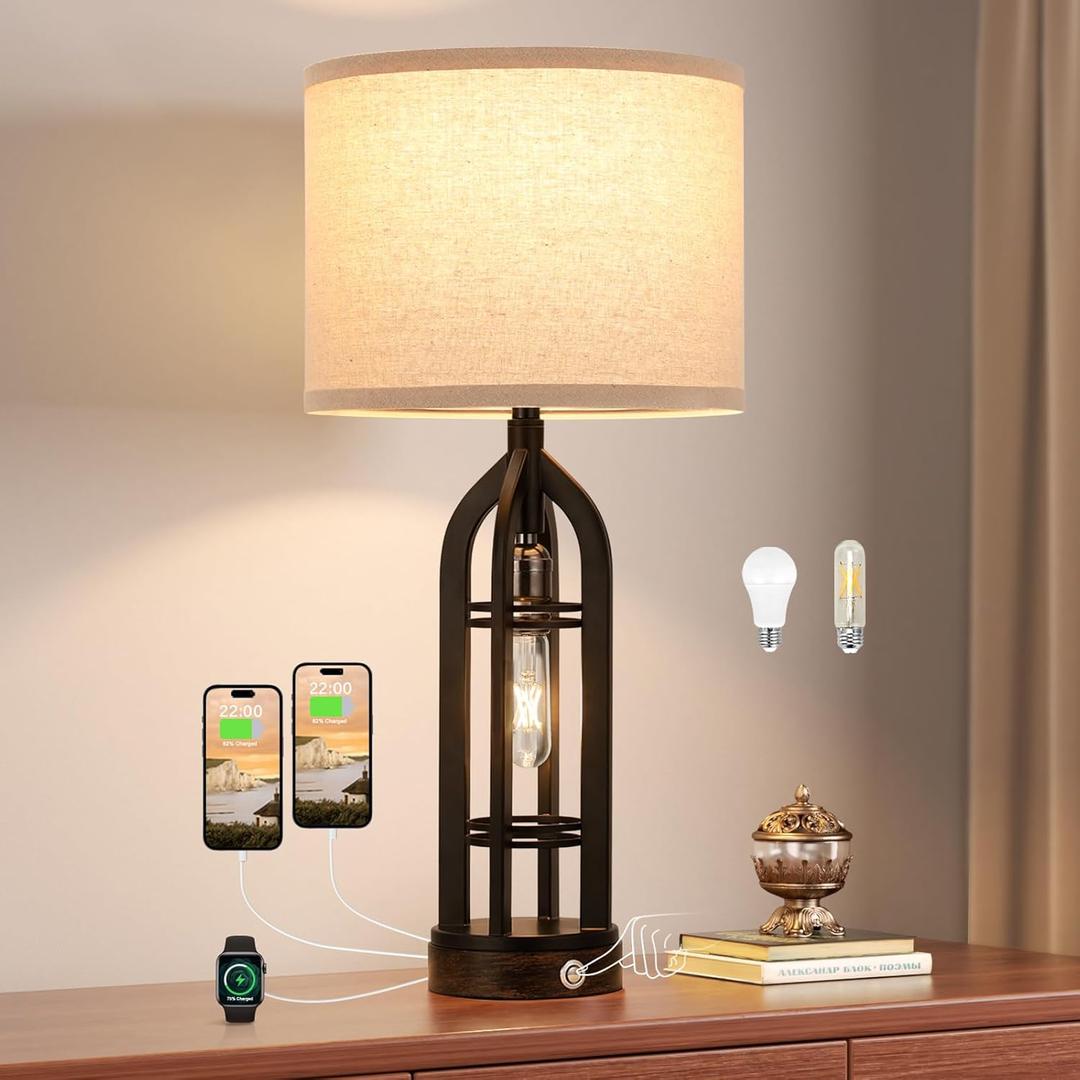 Seealle Table Lamps for Living Room Set of 1 - Black Bedside Lamp for Bedroom with USB C+A & Outlet, Farmhouse Lamps for Night Stands, 3-Way Dimmable Touch Lamps for Living Room with Oat Shade