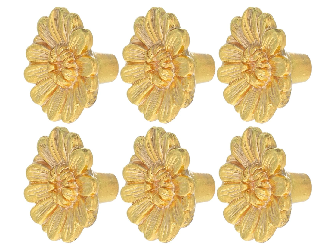 Gold Cabinet Knobs Backplate, 6Pcs Decorative 0.95 Inch Drawer Pull Handle Washer Brass Cabinet Hardware for Fixing Doorknobs (Chrysanthemum Shape)
