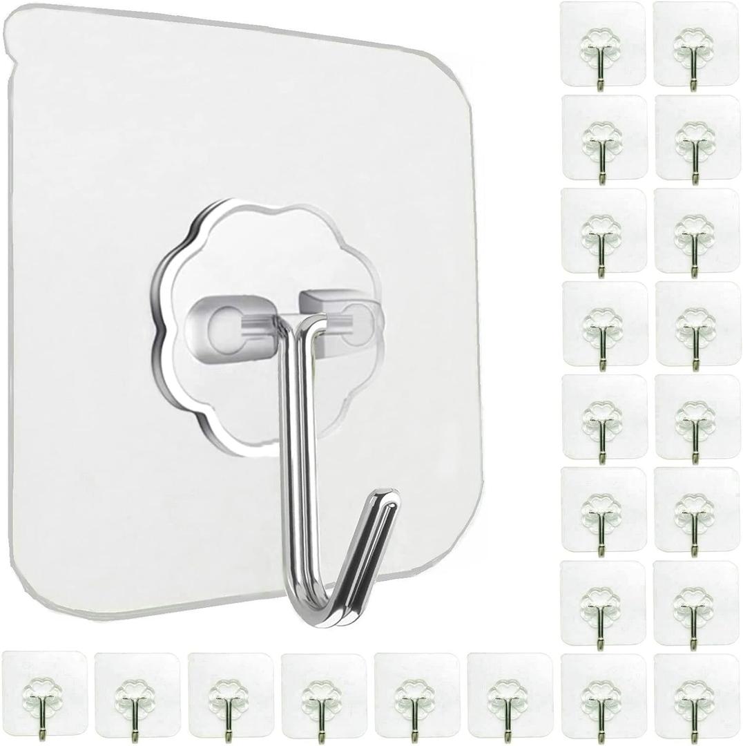 Jwxstore 24 Pack Self Adhesive Hooks Heavy Duty - 33lb Max, Transparent, Waterproof, Sticky Wall Hooks for Keys, Bathroom, Shower, Outdoor, Kitchen, Door, Home Improvement, Utility Hooks