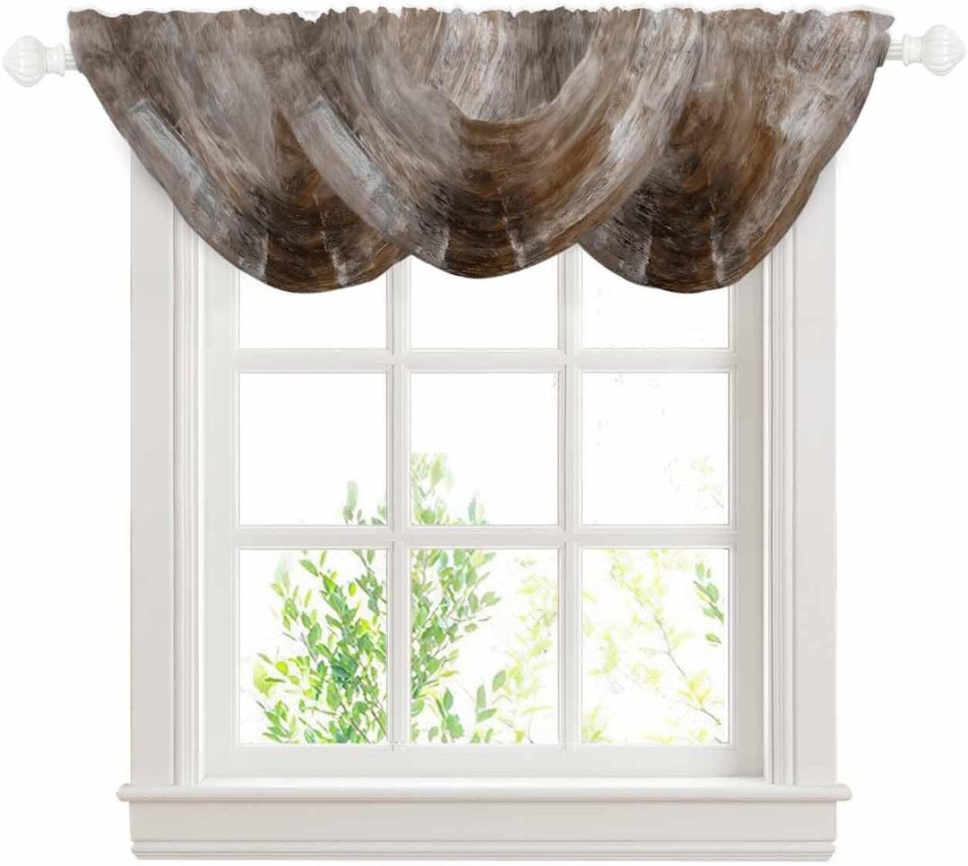 Drak Brown Waterfall Valance Curtains for Window, Brown Grey Ombre Sheer Valances Rod Pocket, Oil Modern Painting Voile Topper Swag Curtain for Living Room, Kitchen 38.5" W x 47.2" L, 3 Panel