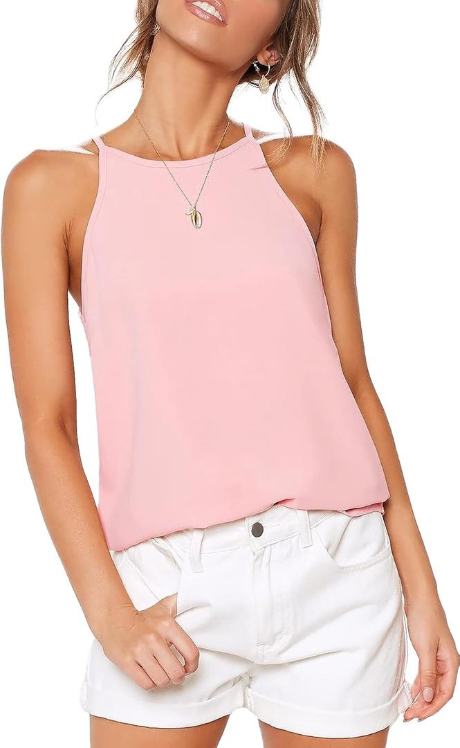 LouKeith Womens Tank Top Racerback Halter Tops Sleeveless Shirts Spaghetti Strap Camisole Casual Summer Basic Blouses (Large, Pink)