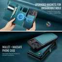 Defencase for iPhone 17 Pro Max Magnetic Wallet Case Compatible with Magsafe with RFID Blocking Zipper Card Holder for Women Men PU Leather Strap Detachable Case for iPhone 17 Pro Max 6.9", Blue Green