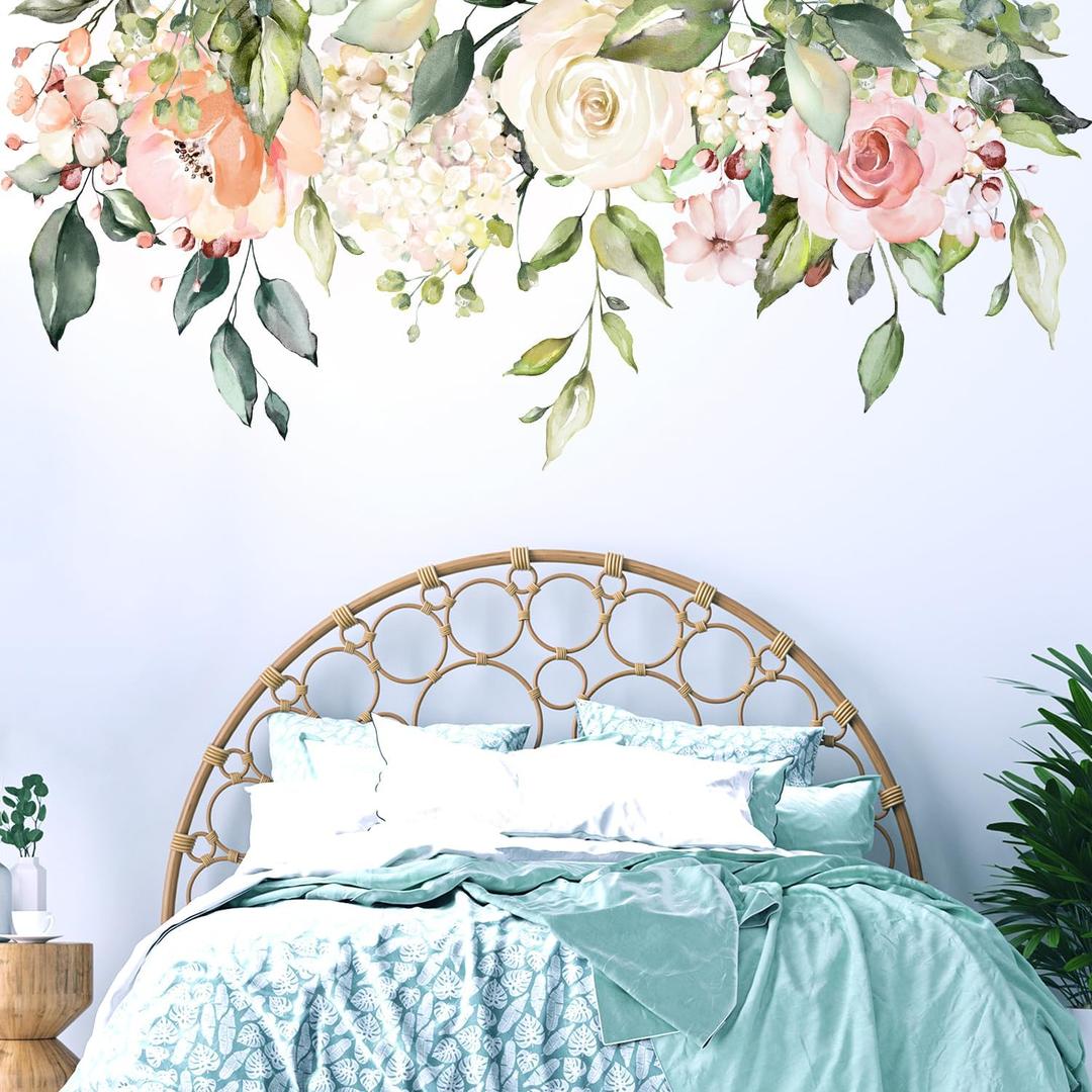 Flowers Leaves Wall Decals Peel and Stick, Large Floral Flowers Wall Stickers, Removable Vine Home Decor Art for Bedroom Living Room Classroom Office