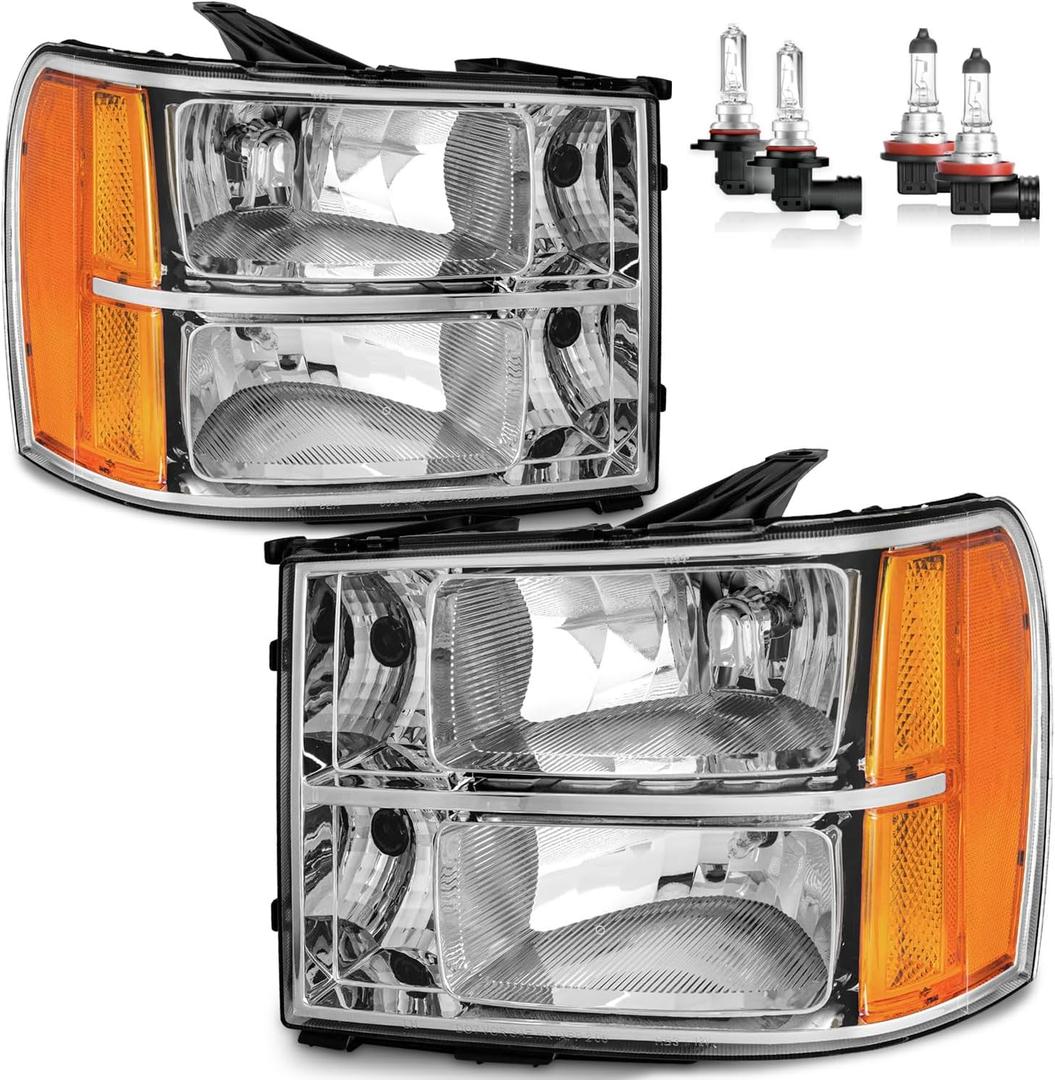 ROADEAL Headlights W/Bulbs for 2007-2013 GMC Sierra 1500/2007-2014 Sierra 2500 HD 3500 HD Halogen Headlamp Replacement Driver & Passenger Side