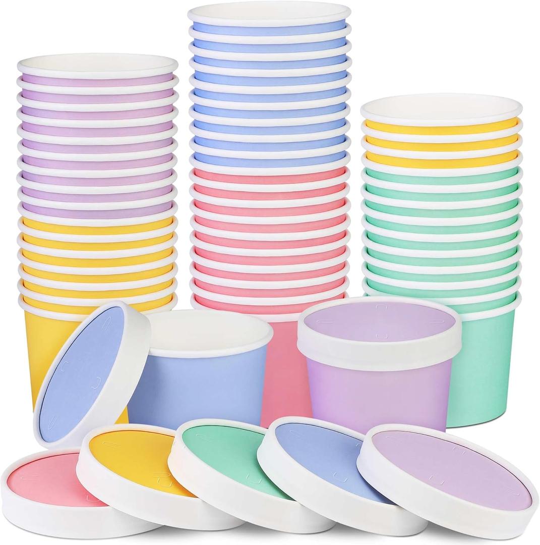 Ruisita 50 Pack Ice Cream Containers with Lids 8 Ounces Disposable Soup Bowls with Lid Paper Ice Cream Sundae Cups Treat Cups with Lids Protect Frozen Desserts like Yoghurt, Assorted Colors