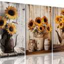 3 Piece Rustic Sunflower Canvas Wall Art for Farmhouse Vintage Floral Wall Art Flower in Pitcher Pictures Prints for Kitchen Living Room Bedroom 16"x24" Framed