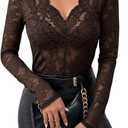 WDIRARA Women's Floral Embroidery Mesh Lace Top V Neck Sheer Long Sleeve Blouse (Medium, Coffee Brown)
