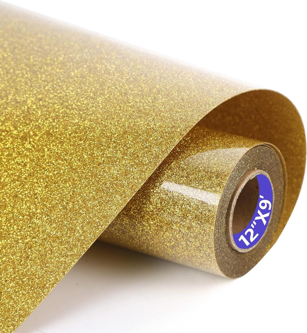 HTVVETUR Glitter Gold Heat Transfer Vinyl - 12" x 9ft Glitter HTV Rolls for Shirts, Iron on Vinyl for Cameo - Easy to Cut & Weed (J006-9ft) (J006 Glitter Golden-9ft)