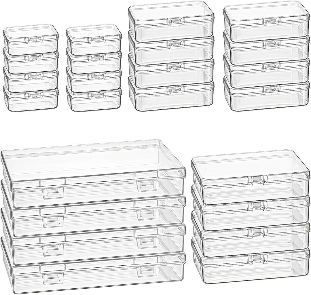 Goodma 24 Pieces Mixed Sizes Rectangular Empty Mini Clear Plastic Organizer Storage Box Containers with Hinged Lids for Small Items and Other Craft Projects