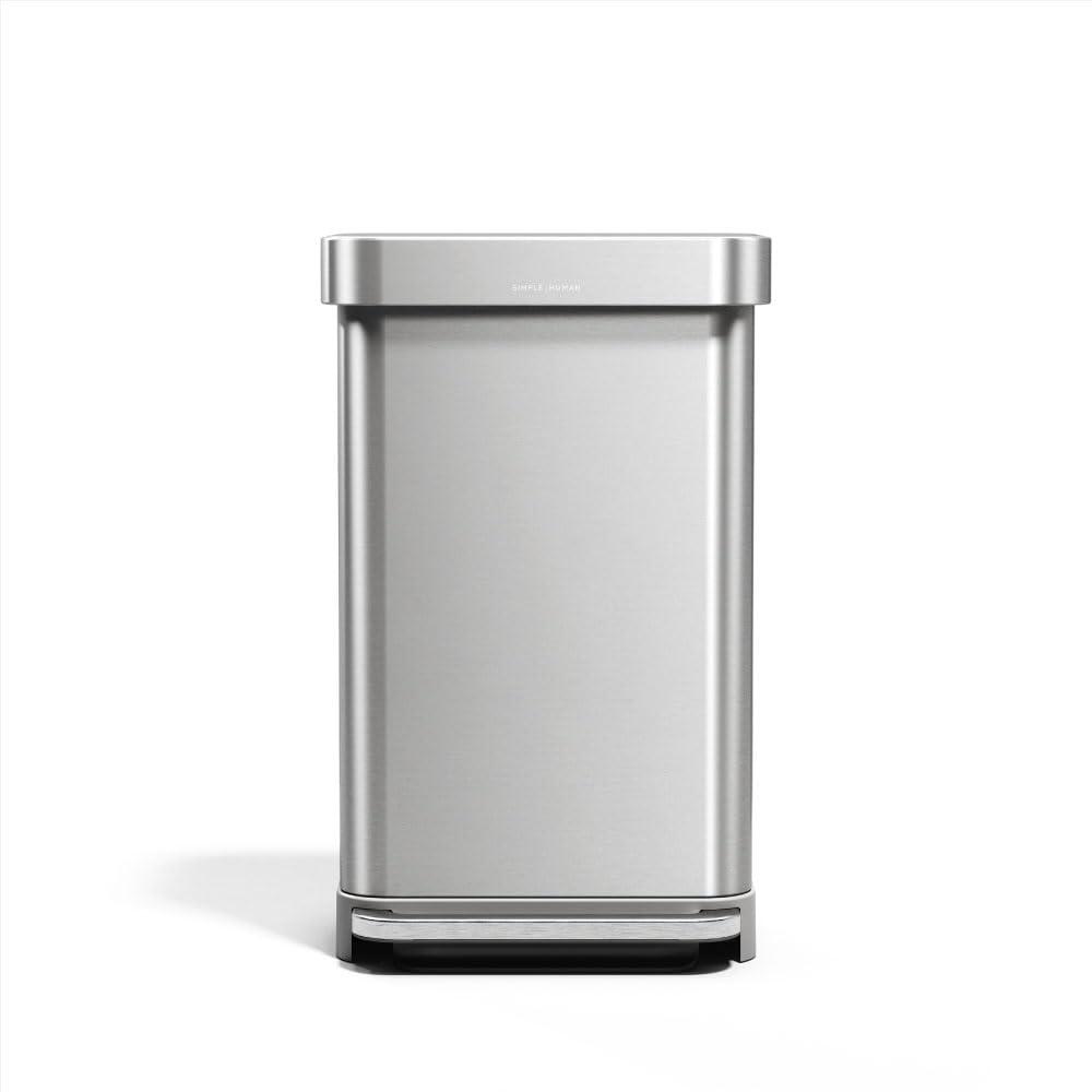 simplehuman 45 Liter / 12 Gallon Rectangular Hands-Free Kitchen Step Trash Can with Soft-Close Lid, Brushed Stainless Steel