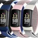 4 Pack Nylon Watch Bands Compatible with Fitbit Charge 6/Fitbit Charge 5, Adjustable Breathable Replacement Nylon Wristband Fitbit Charge 5 Charge 6 Sport Strap for Women Men (Black+New Midnight Blue+Pink Sand+Sea Shell)