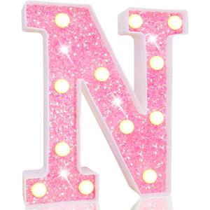 Pooqla LED Marquee Letter Lights, Pink Glitter Alphabet Sign Battery Powered Night Light, Birthday Party, Wedding, Girls Gifts, Home Bar, Christmas Decoration, N (Warm White)