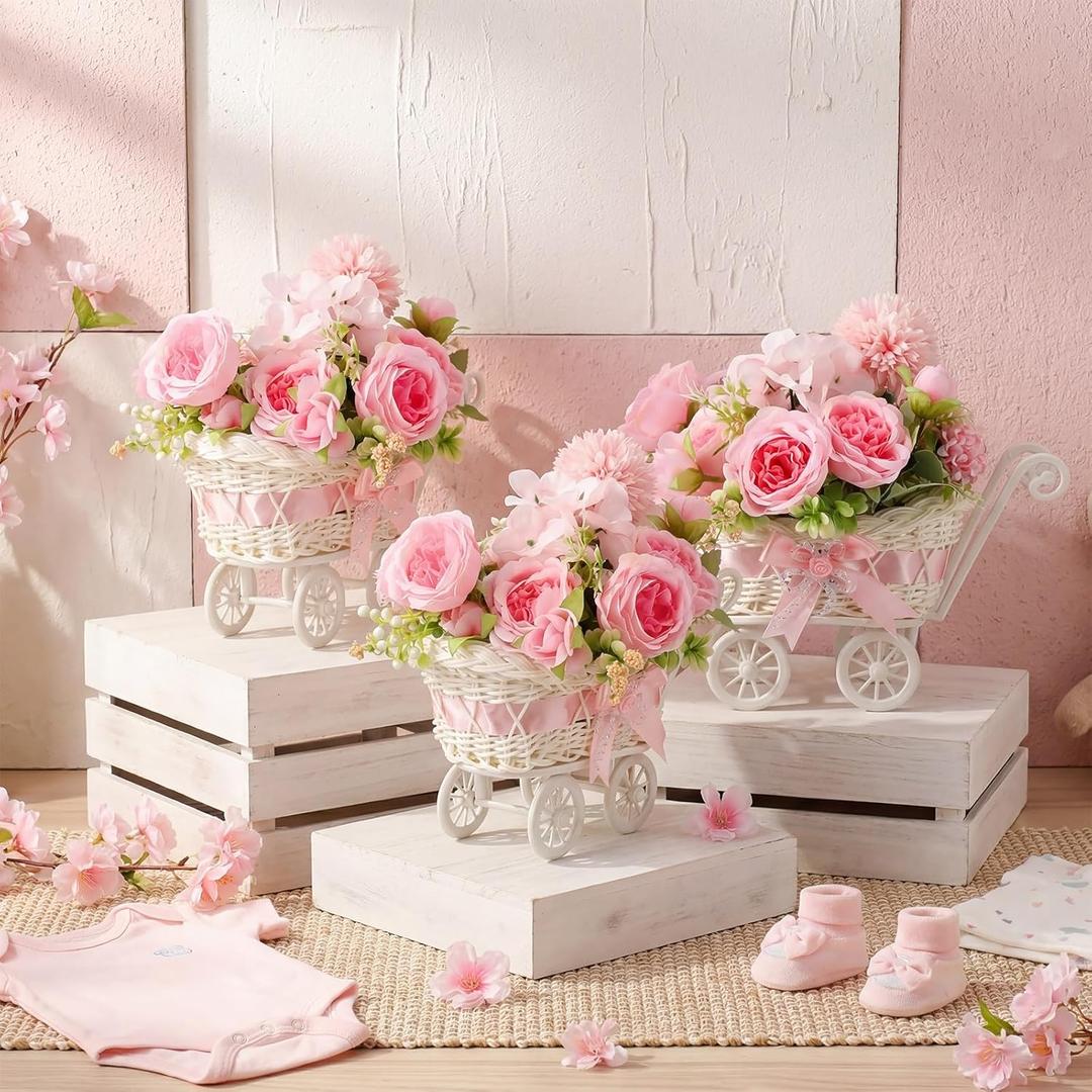 3 Pack Rattan Baby Carriage Floral Arrangement with Bouquet Pink Baby Shower Table Centerpiece Stroller for Guests Gender Reveal Wedding Party Favor Gift and Souvenir