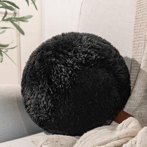 Ashler Plush Round Pillows, Ball Throw Pillow with Handle, Faux Fur Luxury Soft Decorative Cushion, Modern Home Decor Fluffy Round Pillow for Sofa, Bed, Chair, Black, 12 x 12 inch
