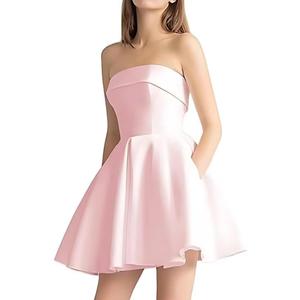 Womens Satin Short Bridal Shower Dresses Strapless Prom Party Gowns for Women ZP003 (Pink), Size 0
