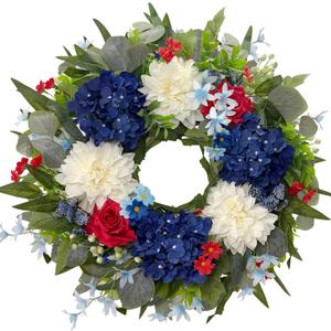 HipTree 24 Inch Patriotic Wreath for Front Door,4th of July Wreaths with Red White Blue Silk Spring Hydrangeas&Dahlias Florals for Labor Day, Memorial Day,Independence Day,Summer Decorations