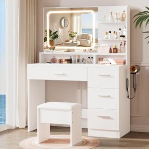 LIVELYGLOW Makeup Vanity Desk with Smart LED Mirror & Charging Station, 35.4" White Vanity Table Set with Cushioned Stool, 4 Drawers & Hairdryer Rack, Modern Bedroom Dressing Table-White, 53.9"h X 35.4"w X 15.7"d
