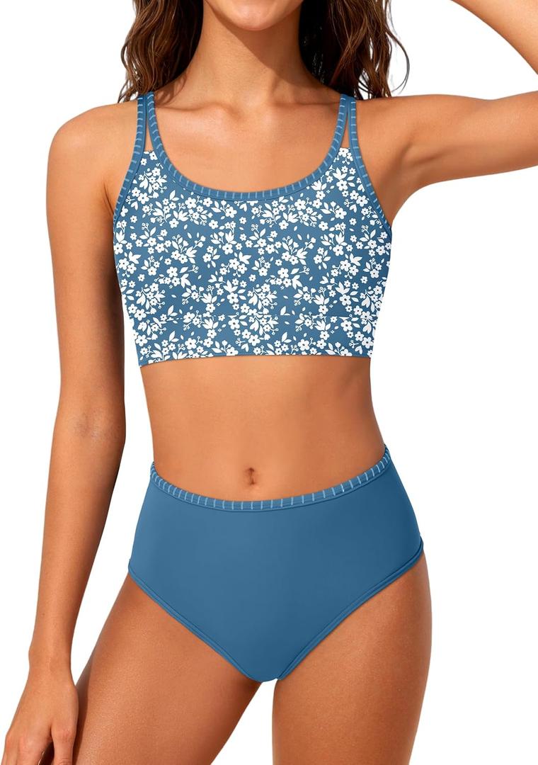 Girls Swimsuit Two Piece Double Straps Sporty Bathing Suit High Waisted Bikini Tropical Floral Swimwear 9-16Y (Blue)